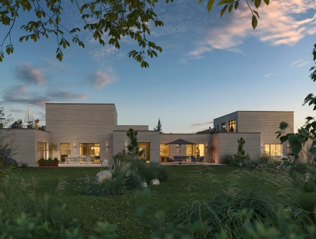 3D Architekturvisualisierung Wohnquartier Abendstimmung